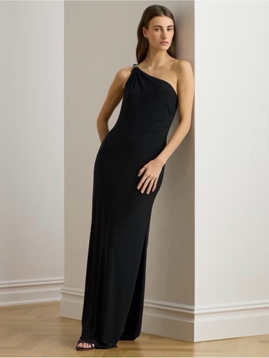Lauren Ralph Lauren Dresses & Skirts - Lauren Ralph Lauren Black One-Shoulder Evening Gown with Rhinestone Brooch